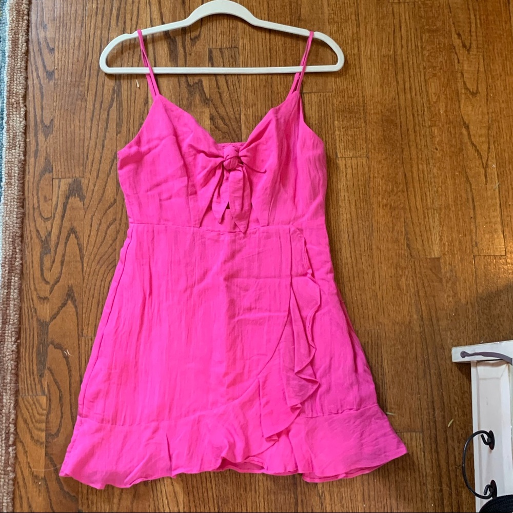 Mid tie front hot pink ruffle mini dress